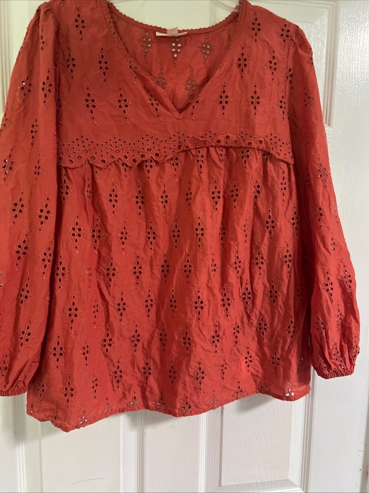 Women's Embroidered Eyeled Blouse with Long Sleeves and V neck Medium
