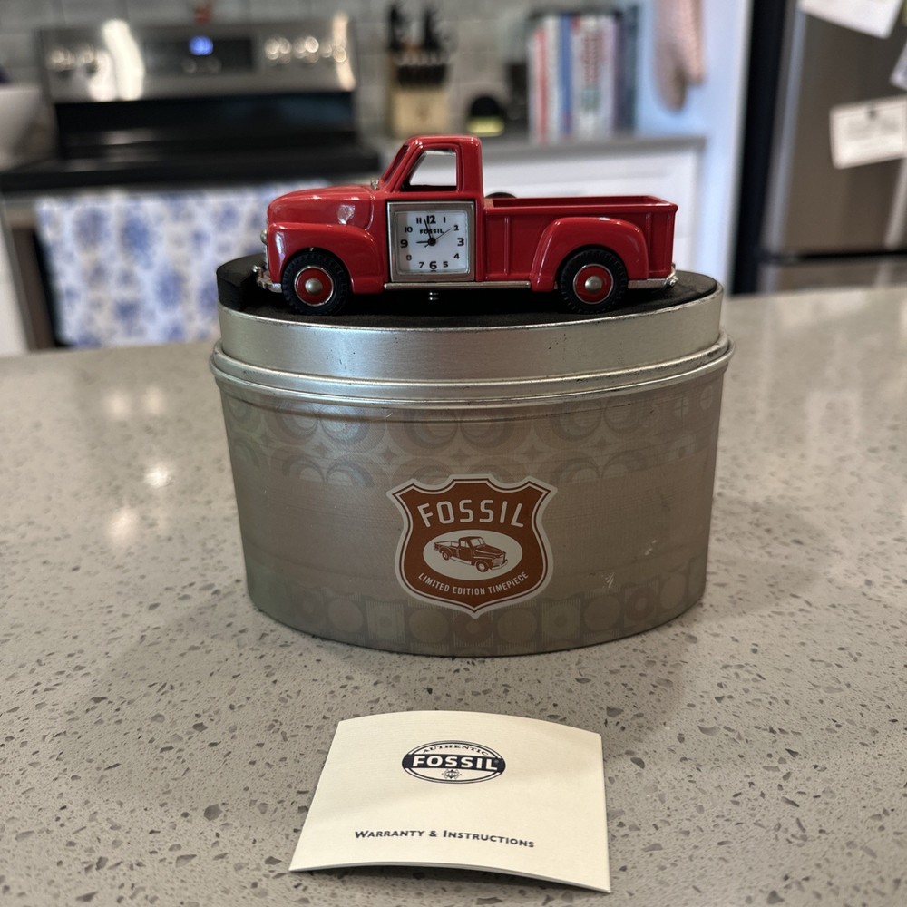 Fossil Limited Edition Timepiece Red Truck Clock with Original Tin Vintage