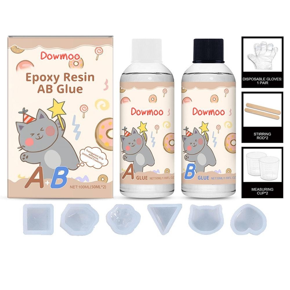 Clear Epoxy Resin AB Kit with 6 Molds for DIY Crafts and Liquid Silicone Adhesive