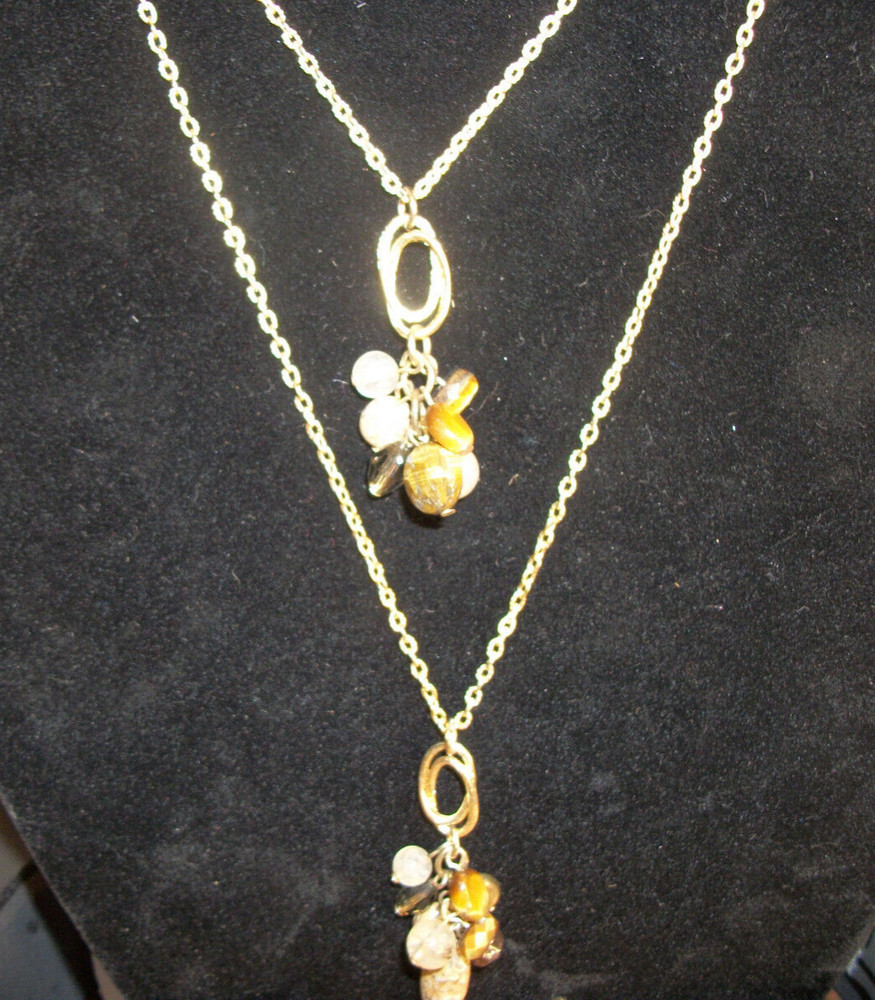 Vintage Monet Double Strand Necklace with Pendants & Scallop Earrings, Gold Tone