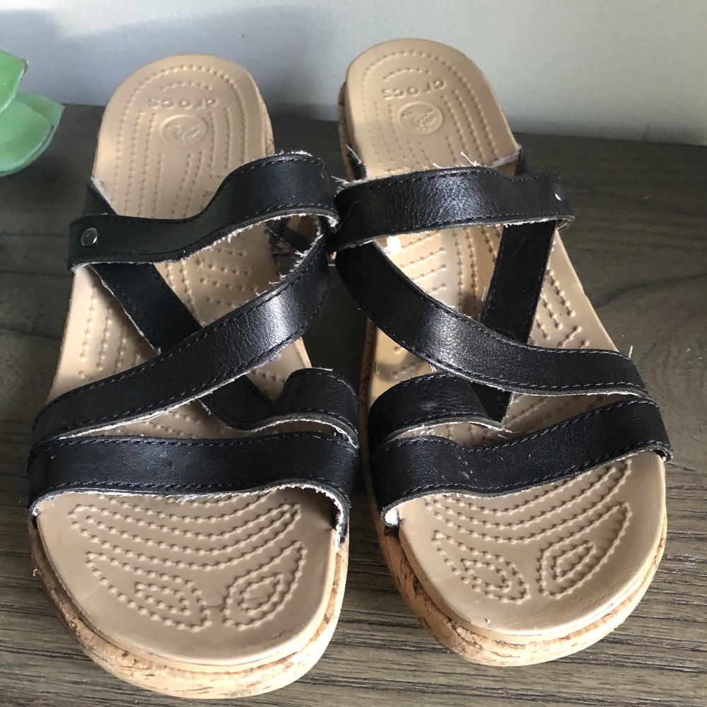 Crocs Womens Black Plaid Lined Cork Wedge Sandals Size 8