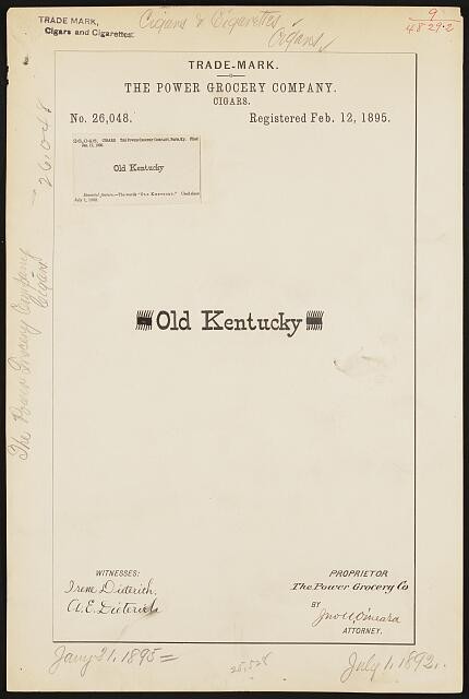 Old Kentucky Cigars Trademark Registration 1895 Power Grocery Company