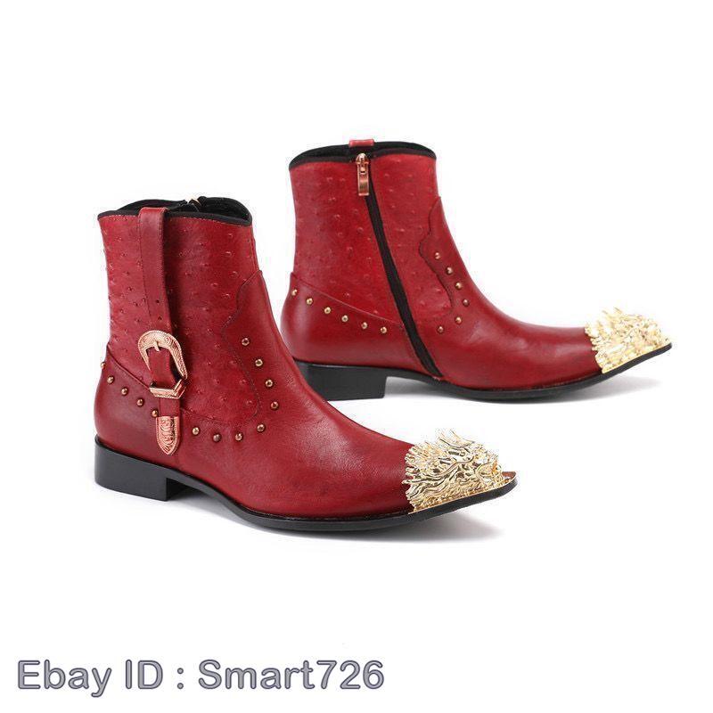 Men's Pointed Toe Leather Ankle Boots with Zip & Rivets for Party & Casual Wear