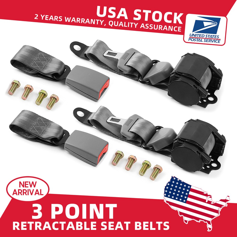 2 Kit of 3 Point Universal Strap Retractable & Adjustable Safety Seat Belt Gray