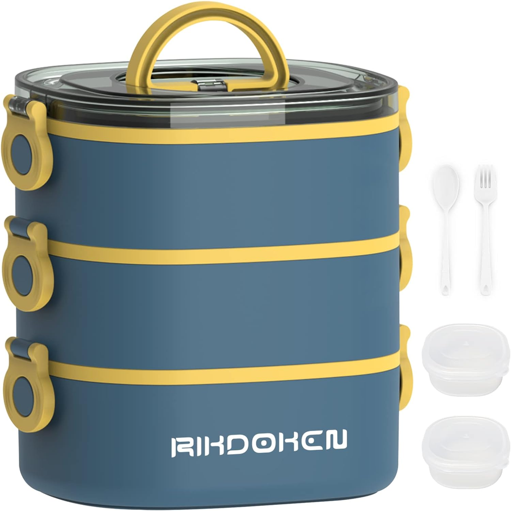 3-Layer Leakproof Blue Bento Lunch Box 94oz with Spoon Fork & Sauce Containers