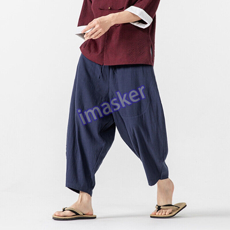 Breathable Men's Cotton Linen Cropped Drop Crotch Summer Trousers Sizes M-5XL