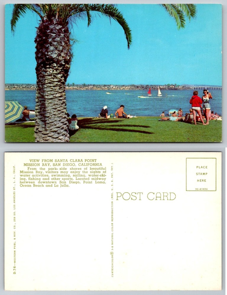 Mission Bay San Diego CA Postcard Santa Clara Point Beach Palm Tree 1960s