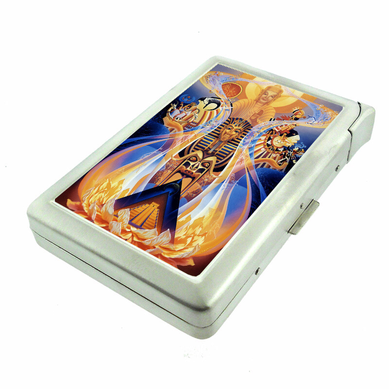 Egyptian Pharoah Art Em1 100's Size Cigarette Case with Built in Lighter Wallet