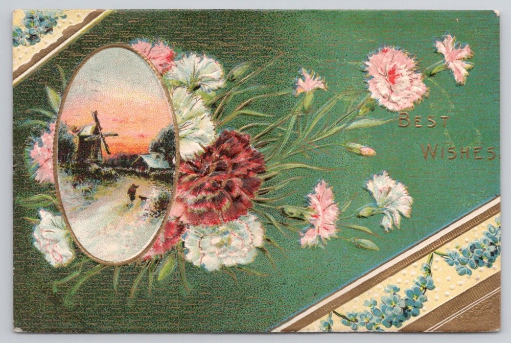 Embossed Windmill Winter Scene Carnations Best Wishes Postcard Germany 1900s