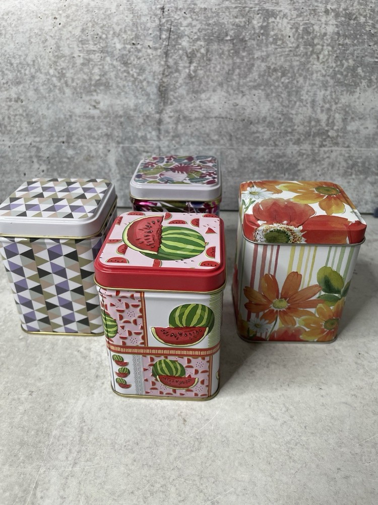Lot/4 Decorative Watermelon & Floral Rectangle Tin Herb Tea Box Approx. 3”x4”