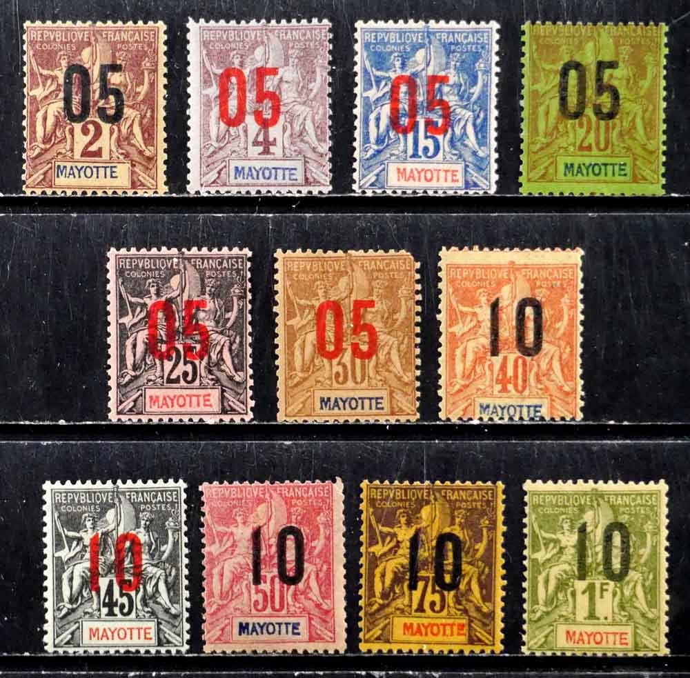 Mayote, France: 1912 Classic Stamps Unused Surcharge Set W/ Mnh Sct #22-32 Sound