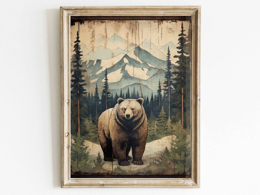 Vintage Brown Bear Wall Art Forest Animal Decor Antique Nature Print