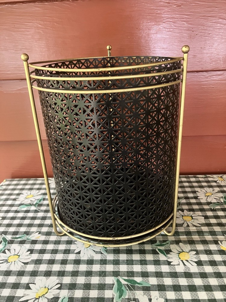 Vintage MCM Atomic Black Metal Mesh Waste Paper Basket, Umbrella Rack, 13.5