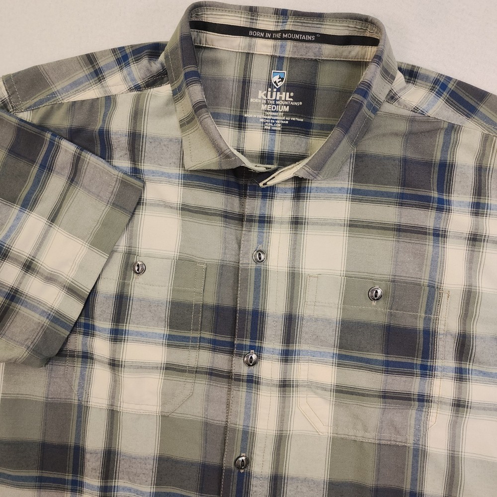 Kuhl Men's M Short Sleeve Green Blue Plaid Button Up Shirt 7383 Outdoor Hiking