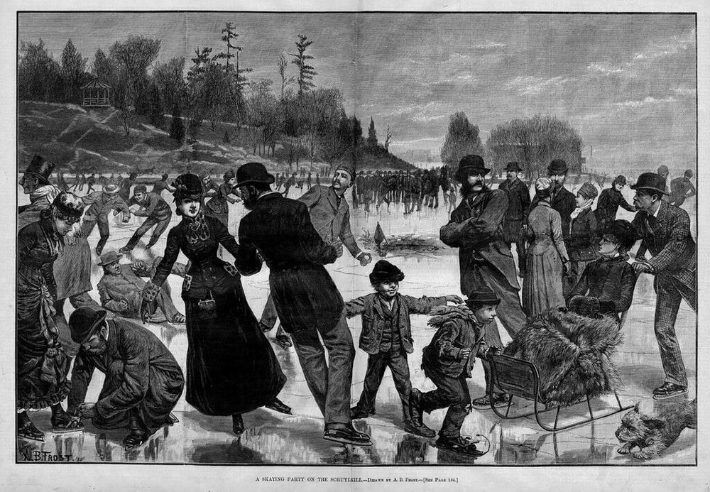 SKATING PARTY ON THE SCHUYLKILL RIVER  BY  A. B. FROST WOMEN KIDS THIN ICE