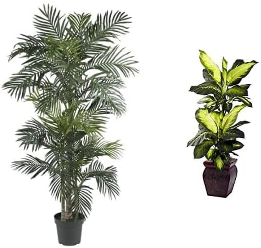 6.5Ft Golden Cane Palm Silk Tree with Green & Golden Dieffenbachia Decor