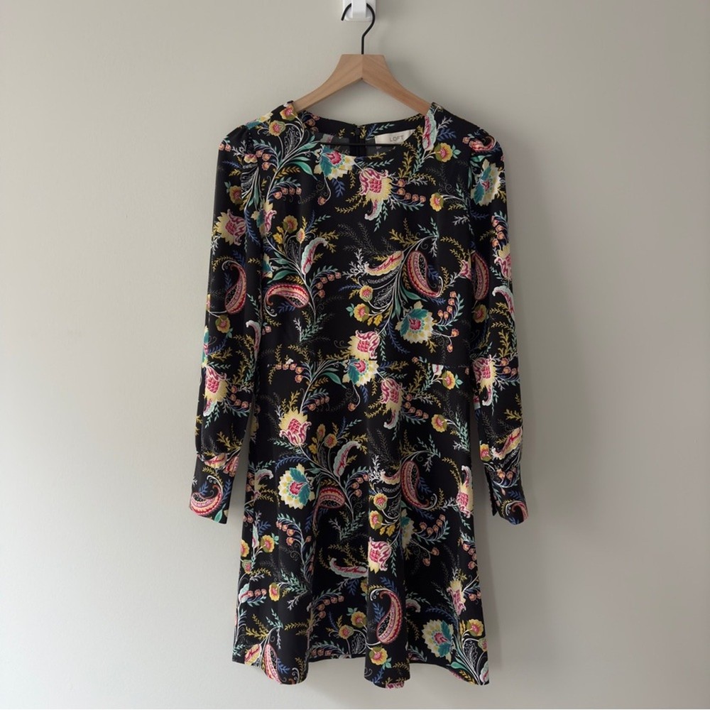 Loft Multicolor Floral Print Black Dress long button sleeve zip stretch A-Line 4