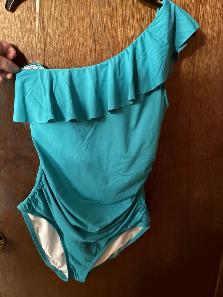 Hilor Turquoise One Shoulder Ruffle One Piece Swimsuit, Size 12