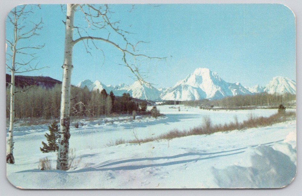 Vintage Postcard Mt. Moran Snake River Jackson Hole Wyoming Winter Dextone 1953