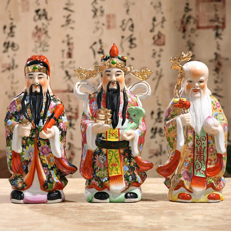 26cm Three Gods of Fortune Statue Chinese Color Handmade Painted Sculpture