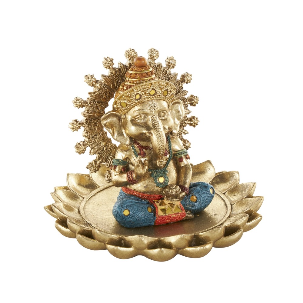 Resin Ganesh Decorative Sculpture Home Decor Statue with Lotus Plate and Colo...