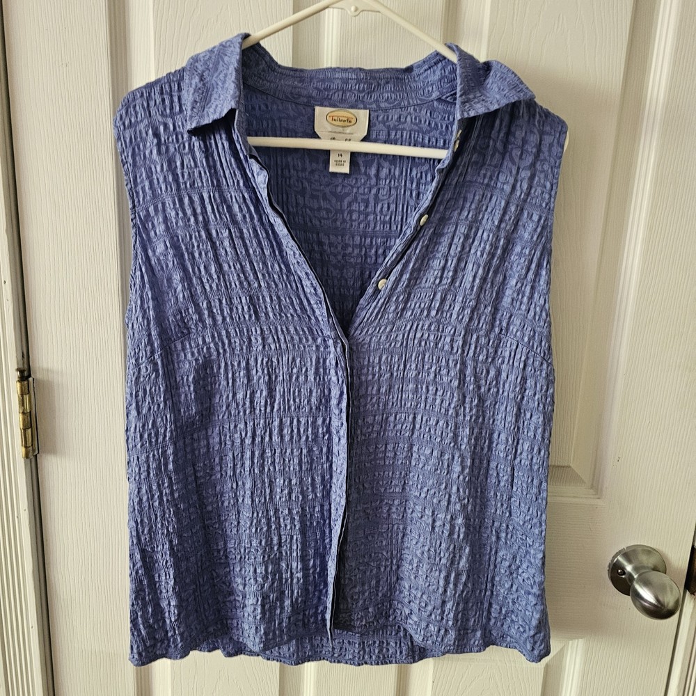 Talbots Top Womens Blue Size 14 Sleeveless 100 % Silk  Sleeveless Button Down