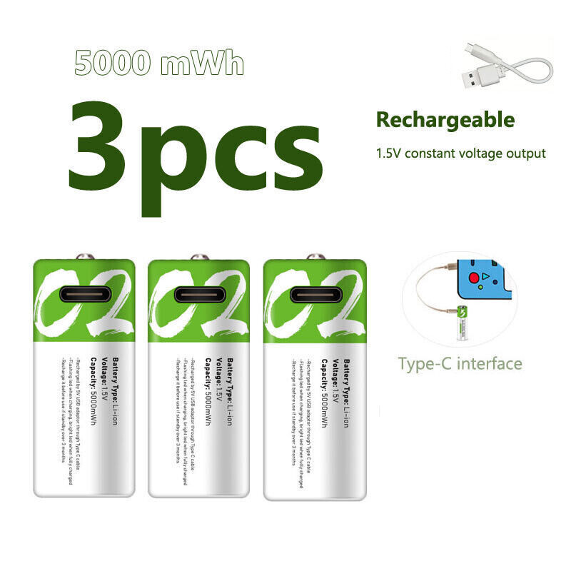3PCS 5000mWh USB C2 Li-ion 1.5V Fast Charge Type C Cable Rechargeable Battery