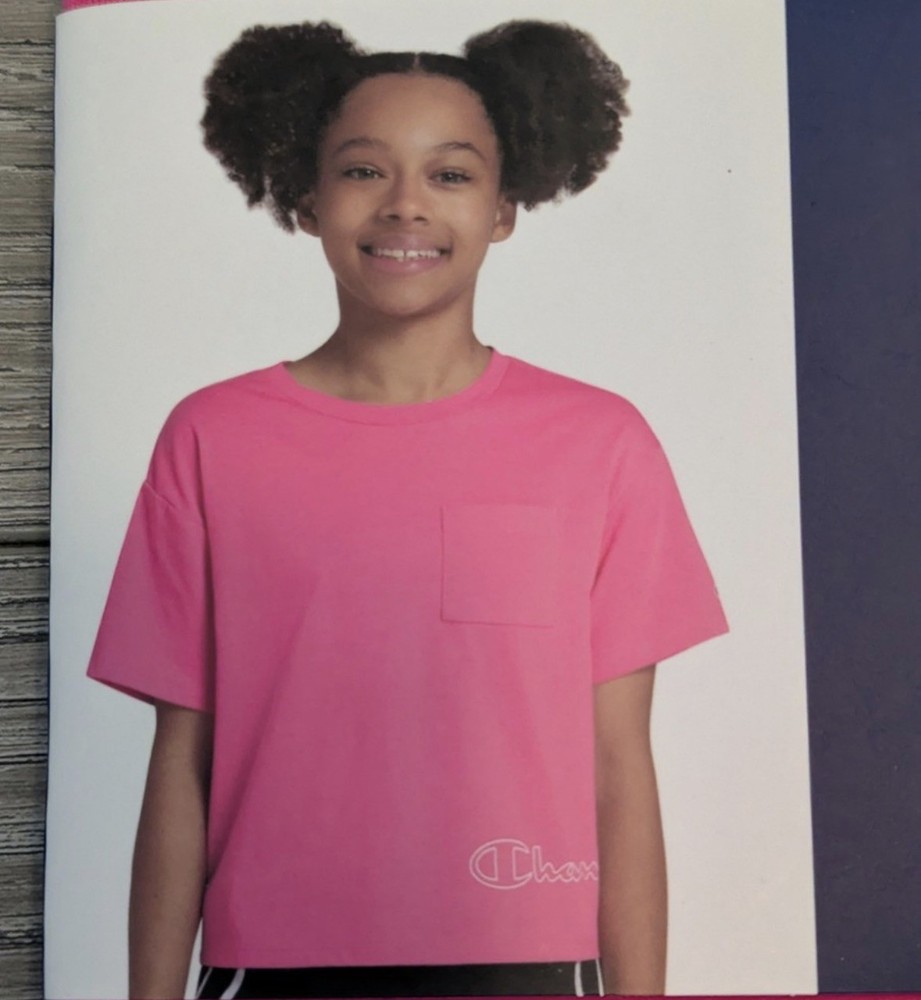 Champion Girl's Everyday Tee Size 14/16 Boxy Fit With Pocket Camellia Rose