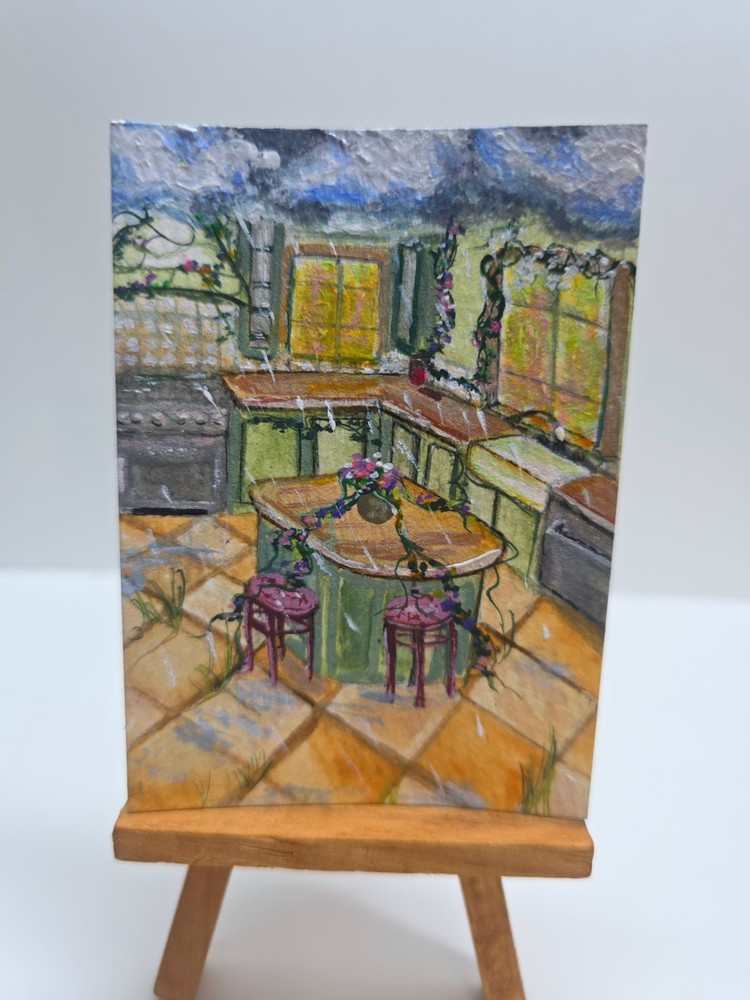 Original ACEO Cottage Kitchen Art OOAK Surreal Rainy Day Interior Painting