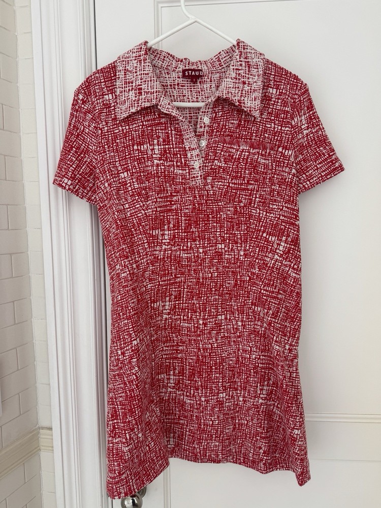STAUD Red/White Tweed Geometric Collared Button-Front Short Dress Size 8