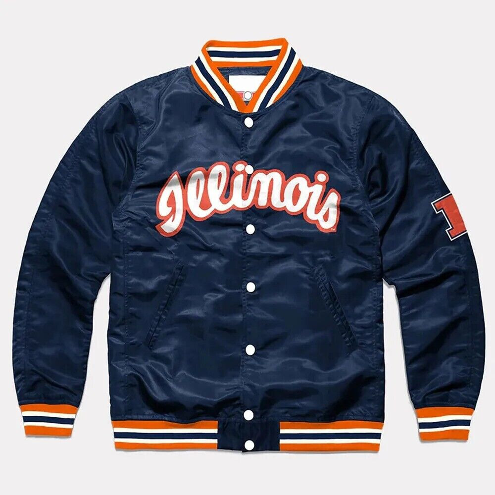 Men's Illinois Fighting Illini Navy Satin Varsity Jacket with Free Shipping