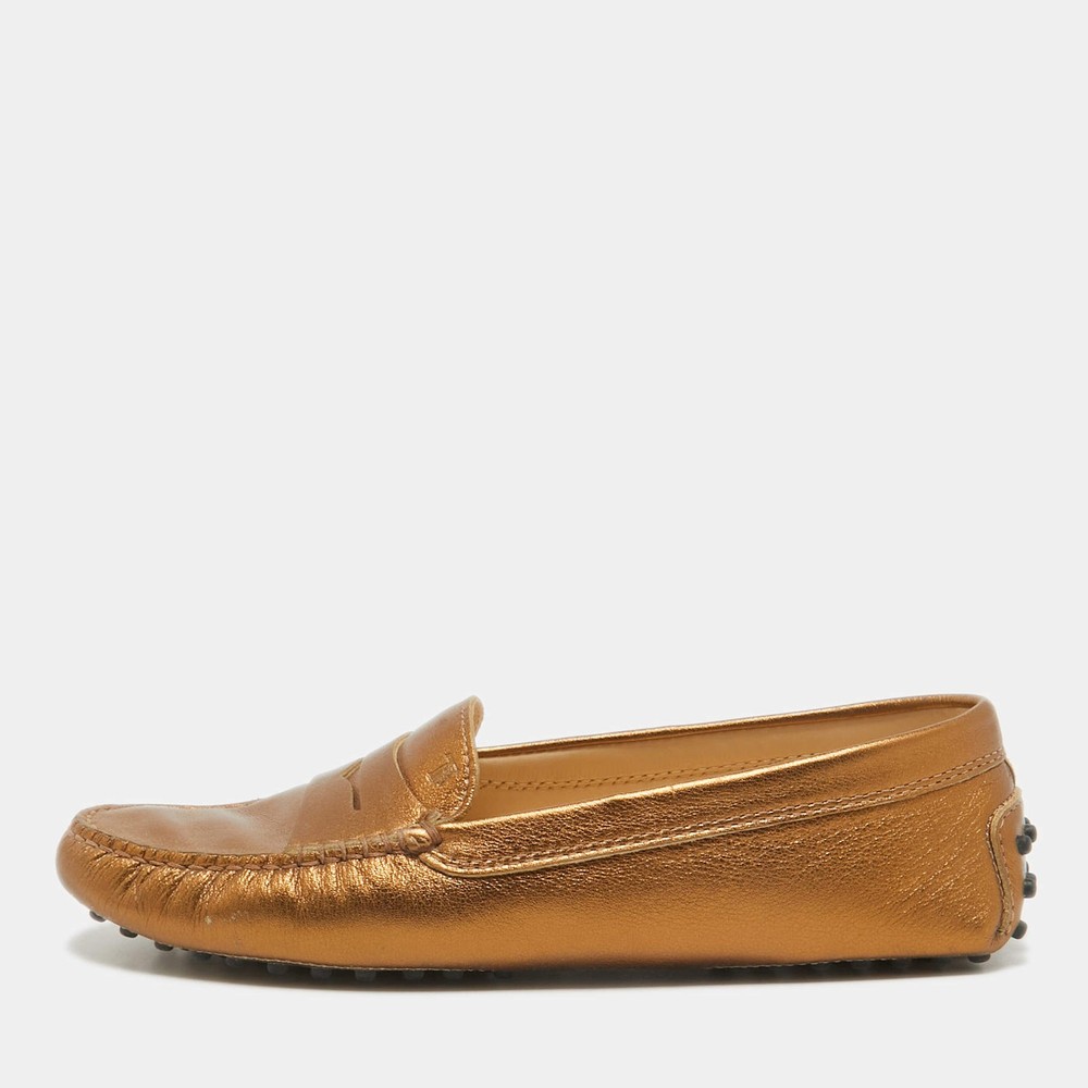 Tods Golden Brown Leather Penny Slip On Loafers Size 385