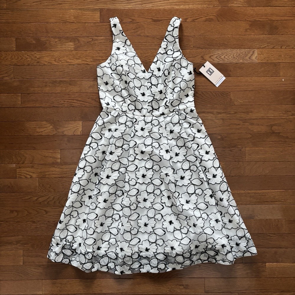 Ivanka Trump Black And White A-Line Dress With Floral Embroidered Tulle