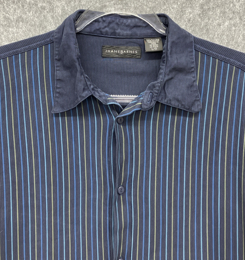 Jhane Barnes 100% Silk Button Front Shirt Mens Large Blue Stripe Long Sleeve
