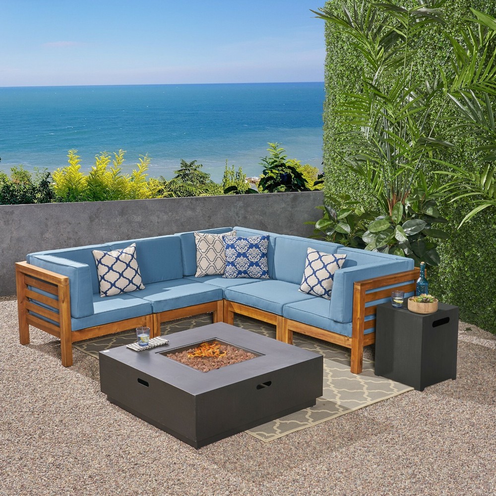 Krystin 7-Piece Acacia Wood V-Shaped Sectional Sofa Set with Fire Pit and Cushions