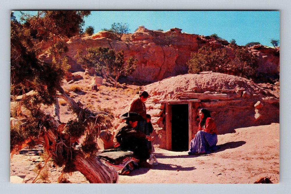 Navajo Family at the Entrance of their Hogan Vintage Postcard
