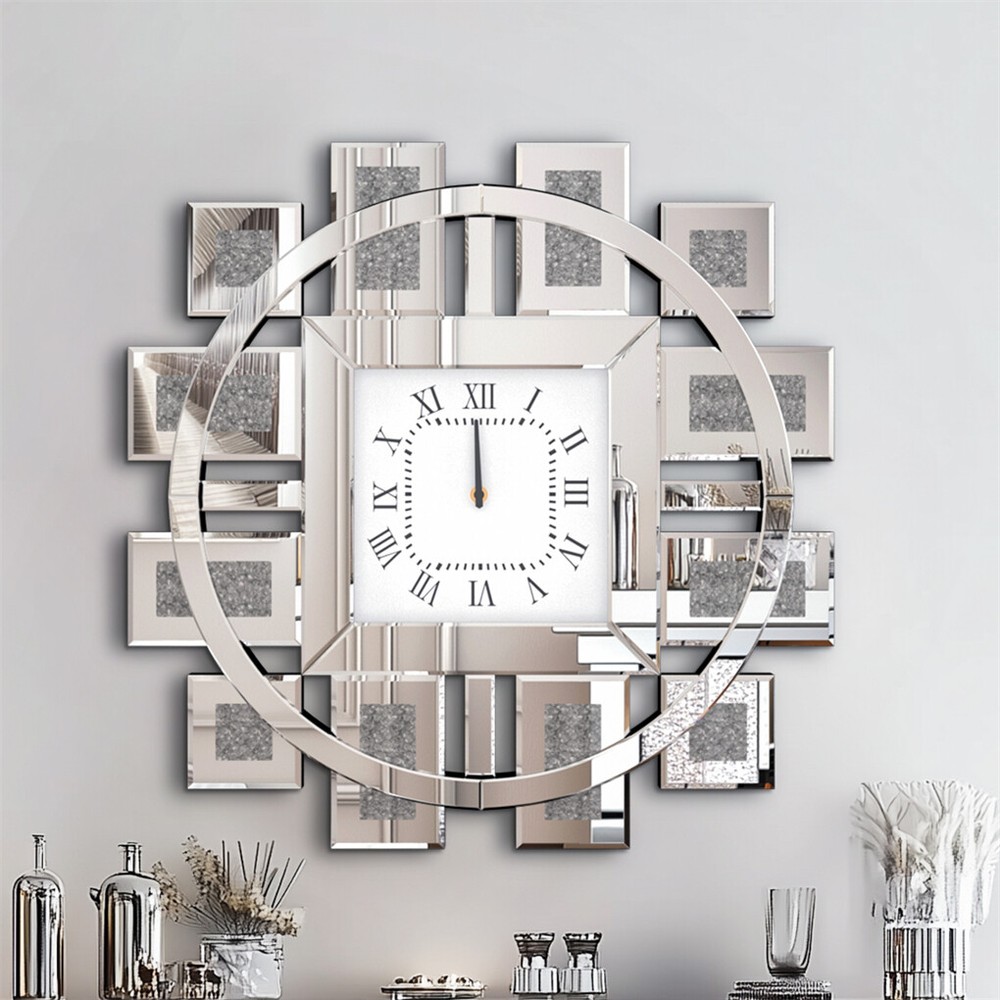 Large Silver/Gold Wall Clock Clear Mirrored Clock Fireplace Kithcen Living Room