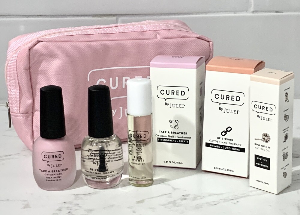Cured By Julep 3 Pc Nail Treatment Kit Sheer Rose, Clear, Cuticle Oil + Pink Bag