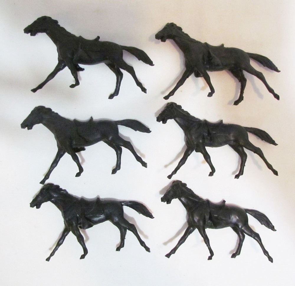 MARX PLAYSET LOT OF 6 BLACK CAVALRY HORSES 54mm VINTAGE FORT APACHE BLUE & GRAY