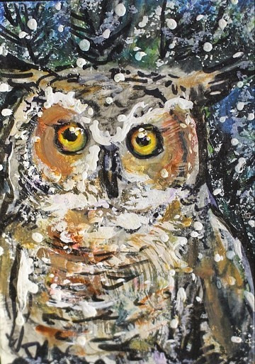 ORIGINAL ACEO PAINTING Great Horned OWL Winter BIRD Snow Animal Nature ATC ART