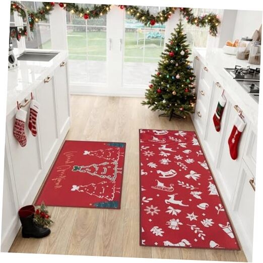 Merry Christmas Kitchen Mat Set of 2 PCS, Non Slip Rugs for Kitchen Floor, Red
