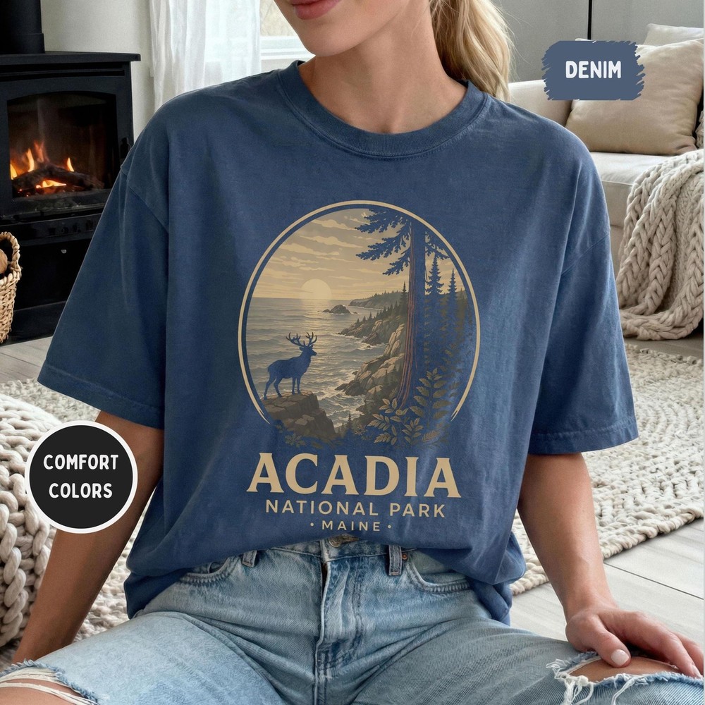 Acadia National Park Maine Shirt, Vintage Coastal Nature Tee, Scenic Deer Ocean-image
