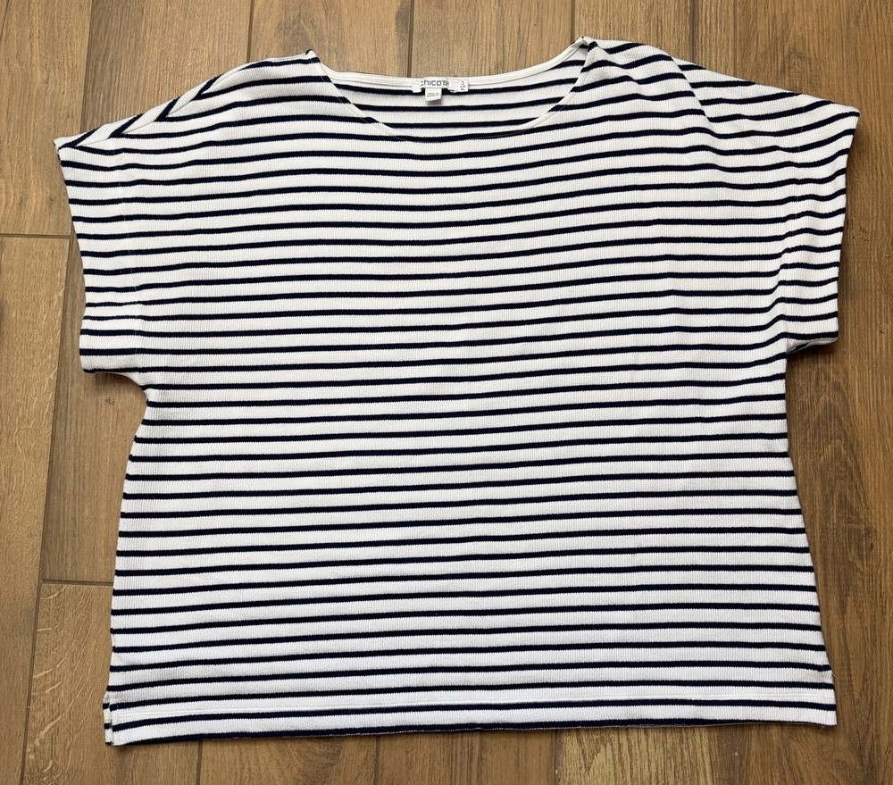 Chico's Striped Boatneck Top Size 3 / XL Navy White Nautical Coastal