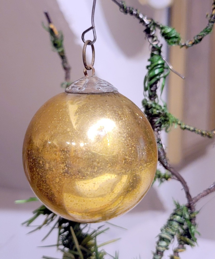 German Kugel Bright Gold 1890s Heavy Glass Ornament, Brass Cap on Top. 2