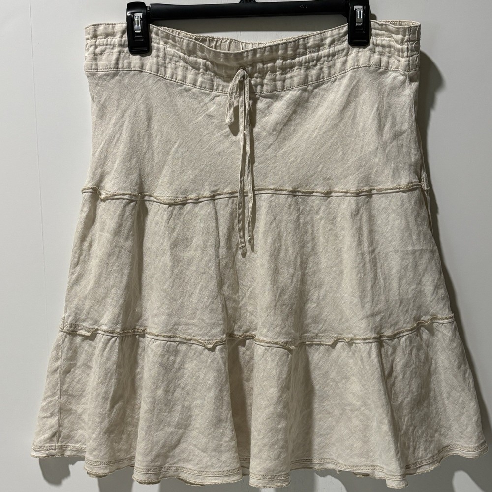 CASLON Skirt Women Sz M Beige 100% Linen Y2K Tiered Bohemian Drawstring Waist