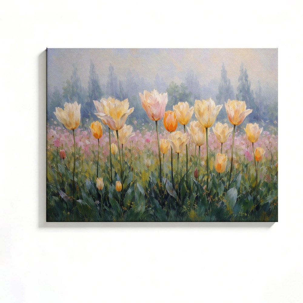Tulip Field Canvas Painting 2D Flat Frameless Wall Art for Home Office Decor