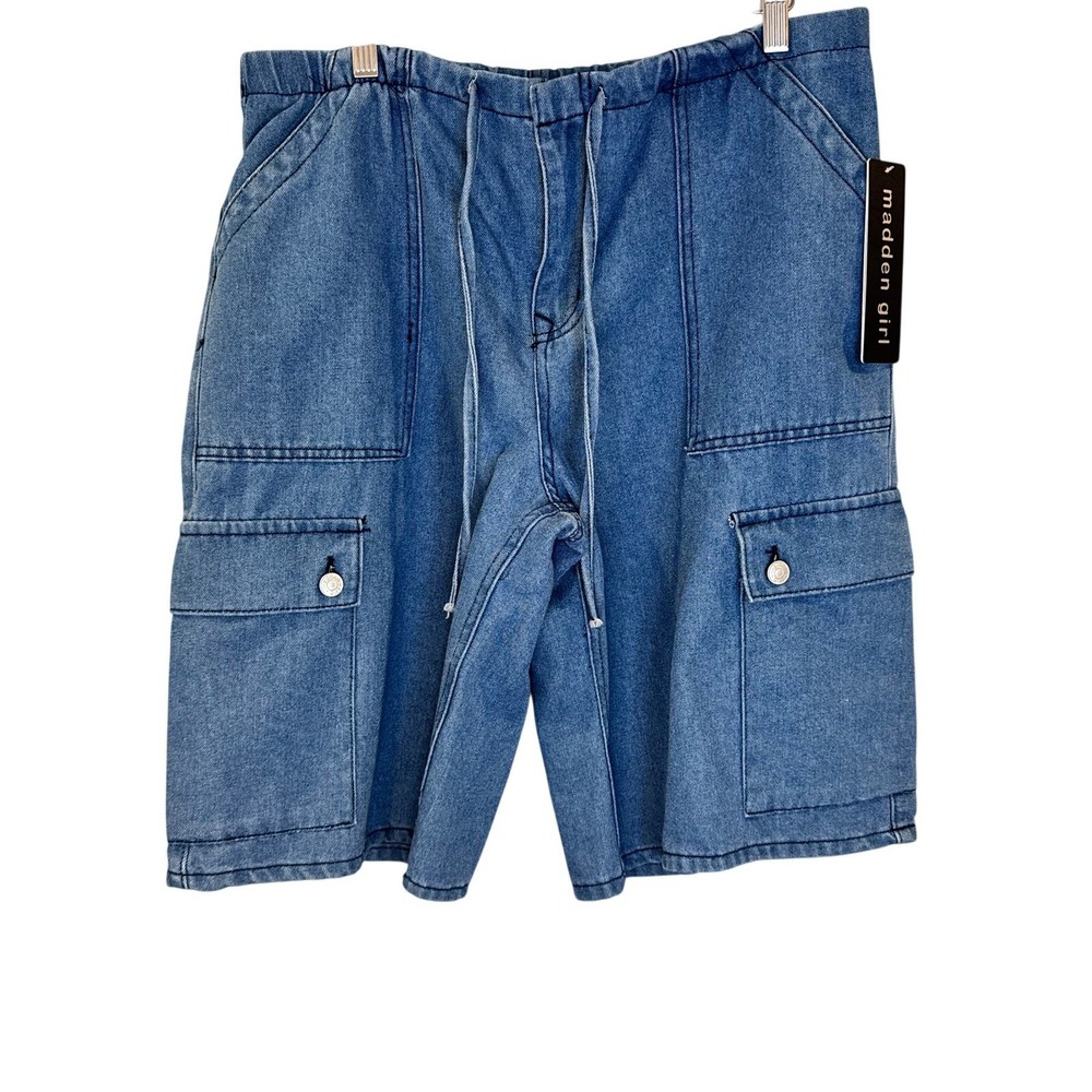 Madden Girl Bermuda Long Denim Shorts Sz L Cargo Elastic Draw String Blue Loose