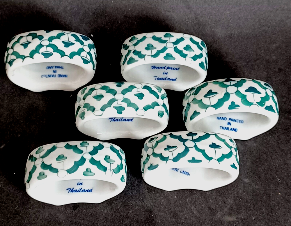 Set of Six Hand-Painted Napkin Rings in Green and White - Boho Cottagecore Style, 2 Inches, Artisan Crafted in Thailand