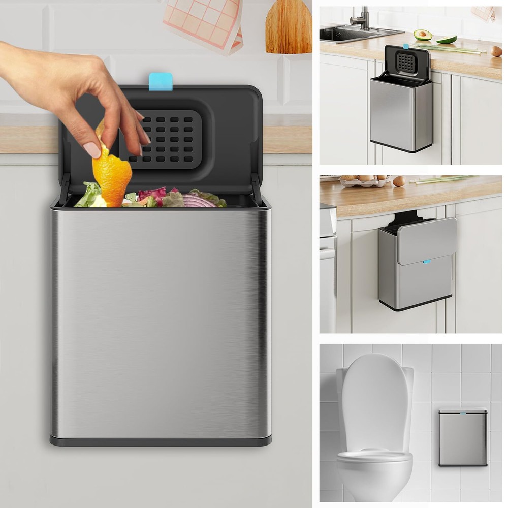 Stainless Steel Hanging Trash Can with Lid and Inner Bucket, 2 Gallon Kitchen...