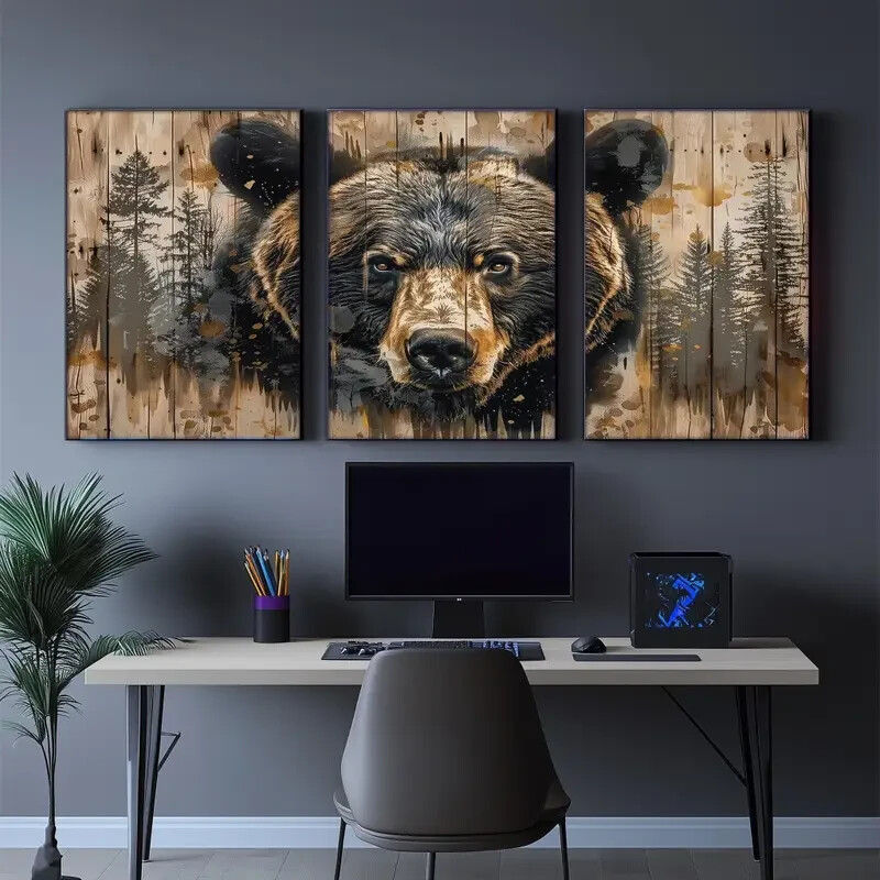 3pc Grizzly Bear Metal Wall Art Animal Portrait Print Ready to Hang